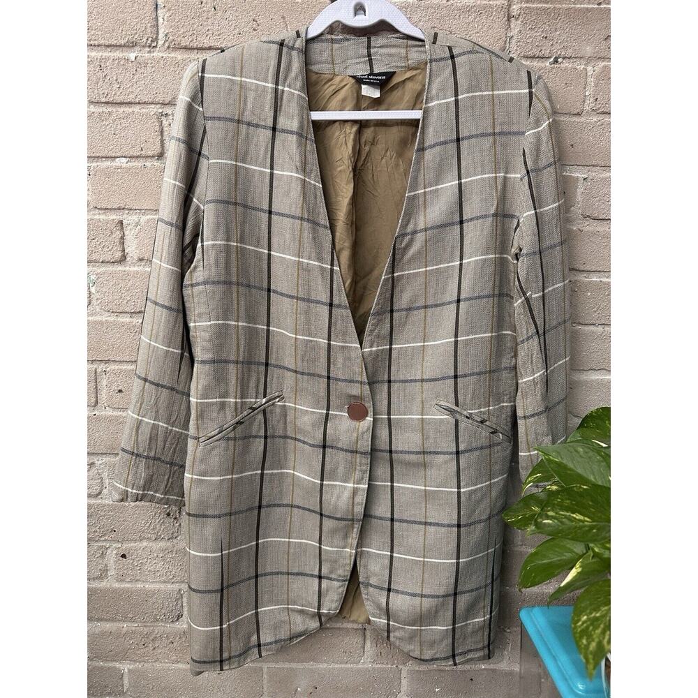 Vintage 80s Plaid Boxy Linen Chad Stevens Women's Blazer - Size 12 Oversized